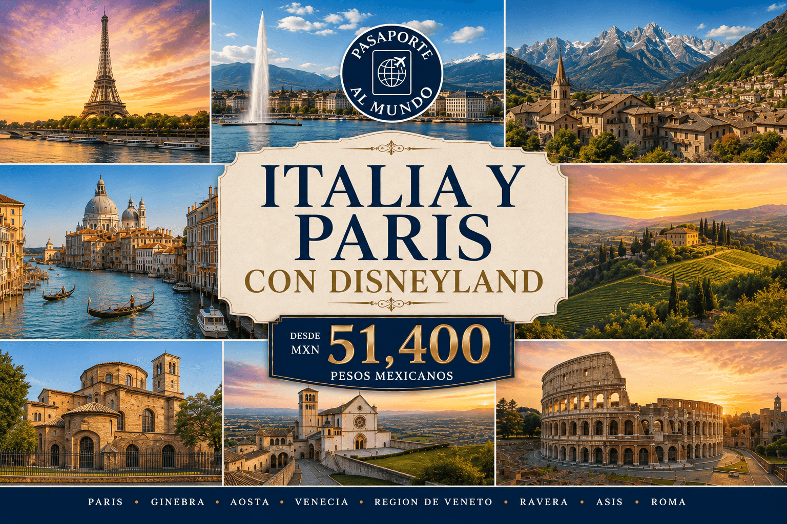 Italia y París con Disneyland, recorrido de Pasaporte al Mundo